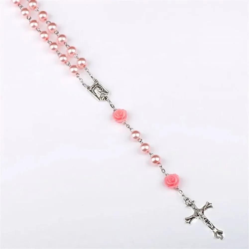 6MM Pink Pearl Beaded Rose Rosary Necklace Women Chain Crucifix Cross Pendant